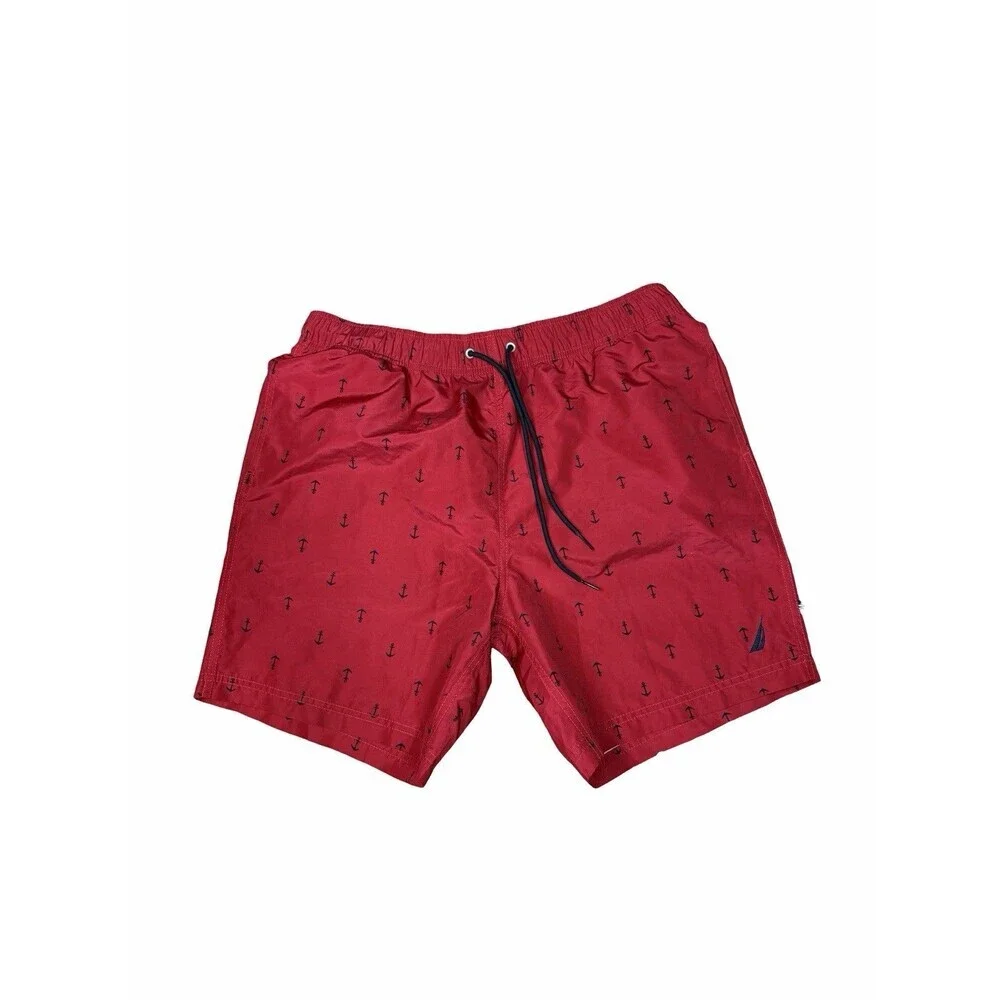 Nautica Mens Red Anchor Print Swim Trunks Shorts Size Medium L Beach Swimming